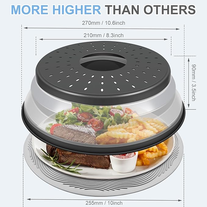 LekDrok 10 Inch Microwave Food Cover & Collapsible Silicone Mat - Splatter Guard, Plate Holder & Kitchen Colander for Meal Prep, Charcoal - Image 6