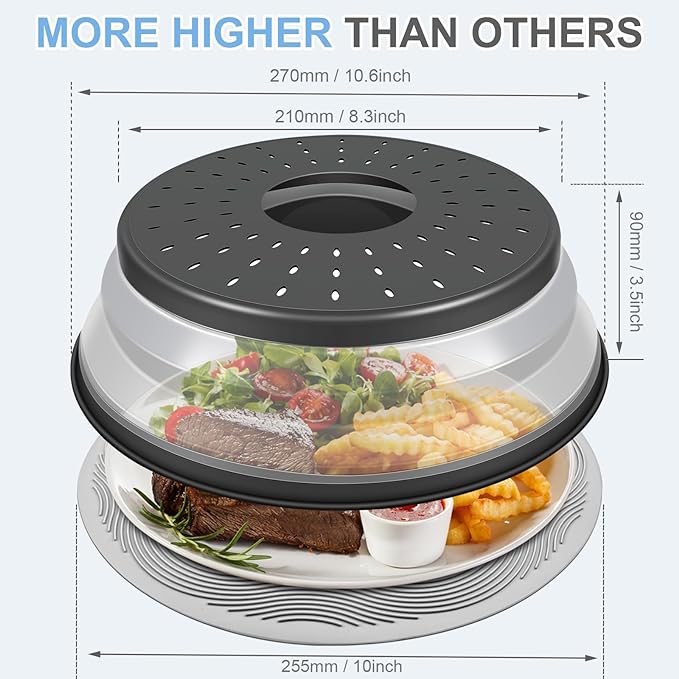 Pack 2, LekDrok Microwave Food Cover with Mat 10 Inch, Mat as Bowl Holder, Cover for Splatter Guard, Collapsible Lid for Plate, Multi-Use Silicone Mat & Kitchen Colander Gadget for Meal Prep, Charcoal - Image 6