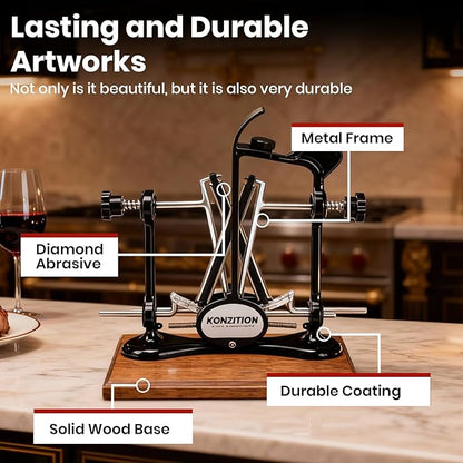 Premium Knife Sharpener with Wooden Base Ideal for Home Kitchens. V-Shape Knife Sharpener Ideal Gift for Father, Husband, Cooks & Anglers. Adjustable Angles, And a Full Metal Frame.