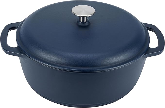 Amazon Basics Enameled Cast Iron Dutch Oven Pot with Lid, Dual Handles, Heavy-Duty, Oven Safe, Round, 6-Quart, Matte Navy by AmazonBasics