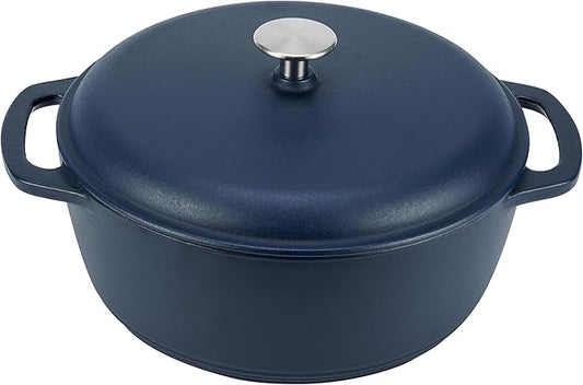 Amazon Basics Enameled Cast Iron Dutch Oven Pot with Lid, Dual Handles, Heavy-Duty, Oven Safe, Round, 6-Quart, Matte Navy by AmazonBasics