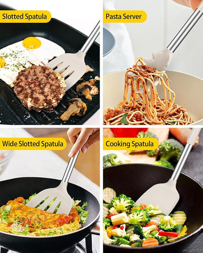 Silicone Cooking Utensil Set, 8Pcs Non-stick Cookwares with Stainless Steel Handle, BPA Free Heat Resistant Kitchen Tools with Spatulas, Turners, Spoons, Skimmer and Pasta Fork (KHAKI) - Image 3
