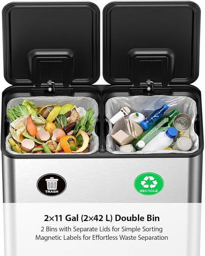 Lovewind Dual Trash and Recycling Bins for Kitchen, 2 * 11-Gallon Stainless Steel Double Trash Can, Step-On Garbage and Recycle Combo, Quiet Close, Pet-Proof, Compatible with 13-Gallon Bags, Silver - Image 3