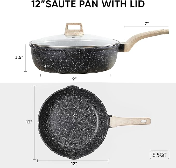 CAROTE 12 Inch Nonstick Deep Frying Pan with Lid, 5.5 Qt Jumbo Cooker Saute Pan with Pour Spout, Skillet Induction Cookware, Non Stick Cooking Pan PFOA Free, Classic Granite - Image 2