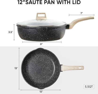 CAROTE 12 Inch Nonstick Deep Frying Pan with Lid, 5.5 Qt Jumbo Cooker Saute Pan with Pour Spout, Skillet Induction Cookware, Non Stick Cooking Pan PFOA Free, Classic Granite - Image 2