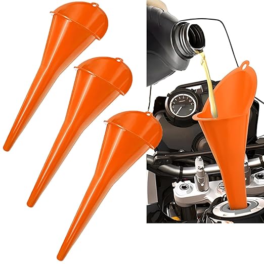 3-Pack Long-Neck Oil Funnels, 11" Multi-Purpose Funnels for Automotive & Motorcycle Use – Reusable Funnel for Oil, Gas & Transmission Fluid (Orange)