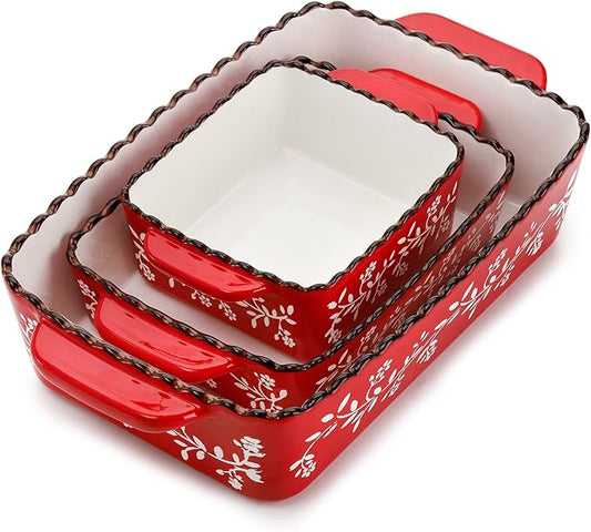 AVLA 3 Pack Ceramic Bakeware Set, Porcelain Rectangular Baking Dish Lasagna Pans for Cooking, Kitchen, Casserole Dishes, Cake Dinner, 12 x 8.5 x 6 Inches of Baking Pans, Banquet and Daily Use, Red by AVLA