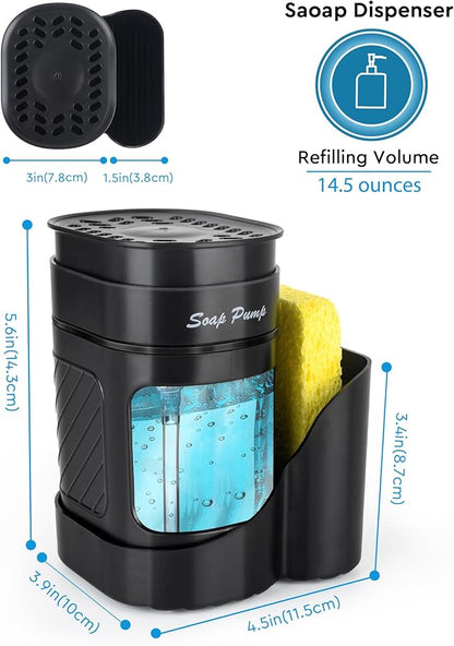 Kitchen Dish Soap Dispenser with Sponge Holder, 3-in-1 Countertop Dishwashing Soap Pump Dispenser Set for Kitchen Sink, Useful Kitchen Gadgets - Black - Image 6