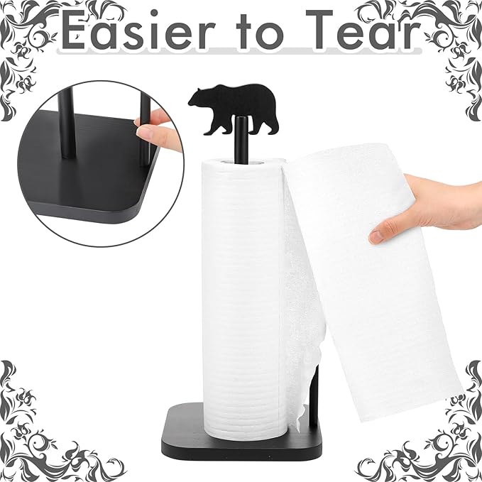 Leinuosen Cabin Bear Paper Towel Holder Farmhouse Bear Wooden Paper Towel Holder Black Bathroom Countertop Accessories Kitchen Stand Organizer Standing Apartment Decor Housewarming Gift