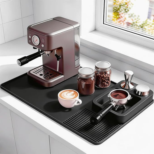 Silicone Coffee Mat and Espresso Tamping Mat, Detachable Espresso Coffee Bar Accessories, Coffee Bar Mat Suitable for Use Under coffee Maker, Dish Drying Mat for Kitchen Countertop Protector Mat,Black