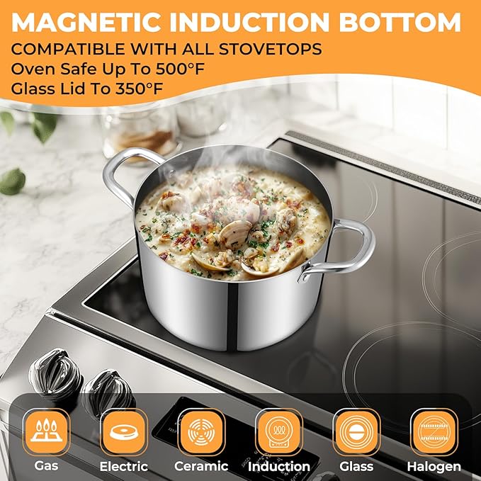 Tri-Ply Stainless Steel Stock Pot, 8 Quart Heavy Duty Induction Cooking Pot with Visible Lid for Pasta, Soup, Spaghetti, Sturdy & Double Handle, Dishwasher Safe - Image 3