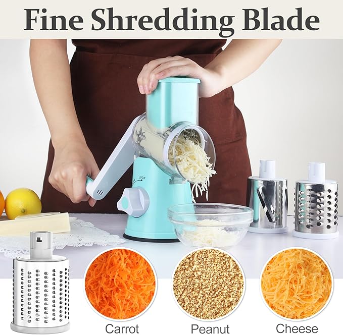 Cambom Rotary Cheese Grater Hand Crank Cheese Shredder for Fresh Cheese, Vegetable, Nuts,Non-slip Suction Base, Five Blades, Blue - Image 5