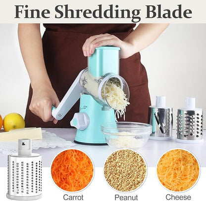Cambom Rotary Cheese Grater Hand Crank Cheese Shredder for Fresh Cheese, Vegetable, Nuts,Non-slip Suction Base, Five Blades, Blue - Image 5