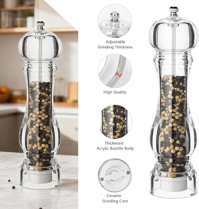 LHS Pepper Mill Grinder Set, 2Pcs Salt Grinder Peppercorn Grinders with Adjustable Coarseness-Clear - Image 2