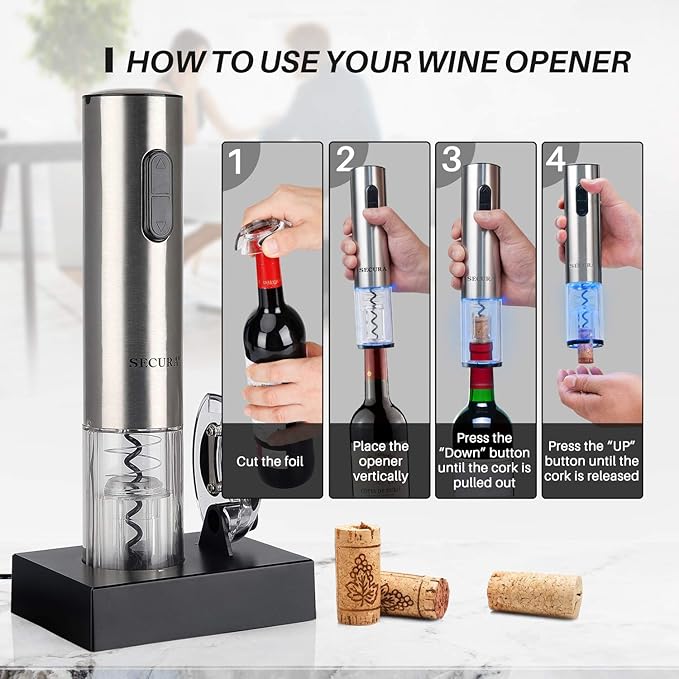 Secura Electric Wine Opener, Automatic Electric Wine Bottle Corkscrew Opener with Foil Cutter, Rechargeable (Stainless Steel) - Image 3