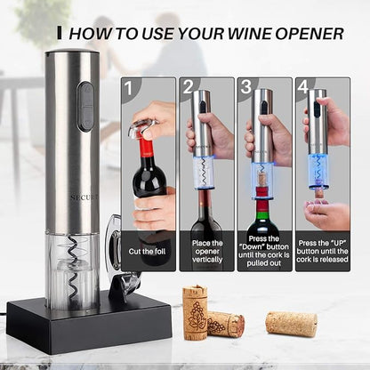 Secura Electric Wine Opener, Automatic Electric Wine Bottle Corkscrew Opener with Foil Cutter, Rechargeable (Stainless Steel) - Image 3