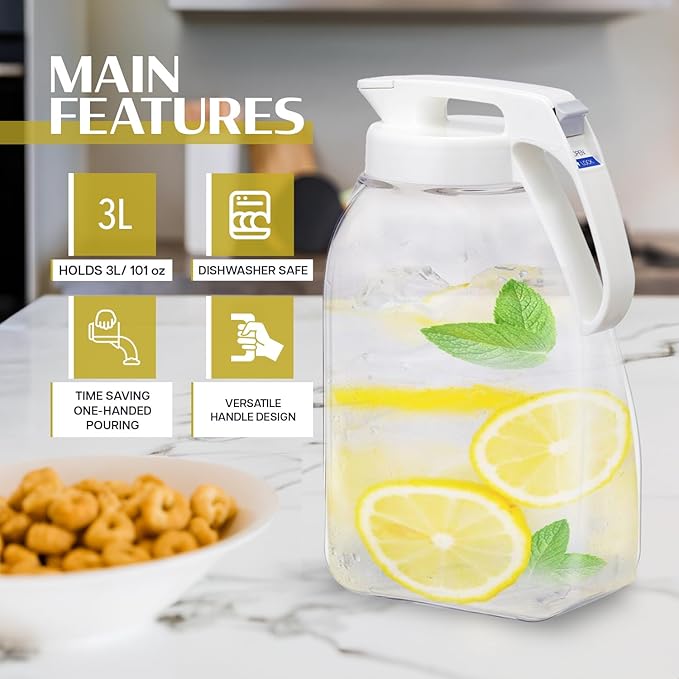 QuickServe Large Airtight Pitcher - 3L (101oz), Heat Resistant, BPA-Free SAN Plastic, One Touch Open & Close, Space-Saving, Made in Japan - White - Image 4