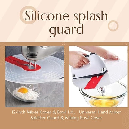 Silicone Splatter Guard - 12-Inch Mixer Cover & Bowl Lid， Universal Hand Mixer Splatter Guard & Mixing Bowl Cover. Transparent Anti-Splash Lid for Whisking Eggs & Baking, Fits Most Bowls.