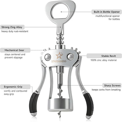 Wine Opener,Heavy-Duty Zinc Alloy Wing Corkscrew Manual Wine Bottle Opener with Sharp Spiral Screw for Sommeliers Wine Lovers,Polished Silver