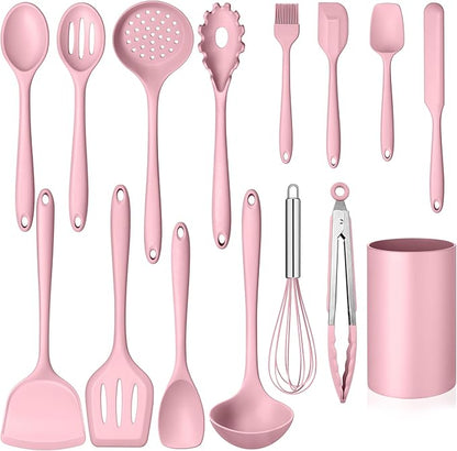 Homikit 15-Piece Kitchen Utensil Set, Silicone Cooking Utensils Spatula Set with Holder for Nonstick Cookware, Heat Resistant Kitchen Tools Gadgets for Cooking and Baking-Pink by Homikit