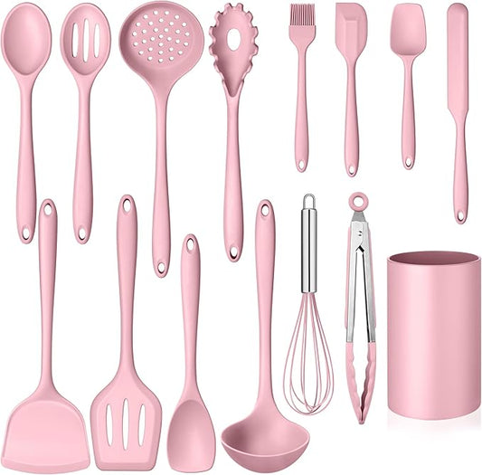 Homikit 15-Piece Kitchen Utensil Set, Silicone Cooking Utensils Spatula Set with Holder for Nonstick Cookware, Heat Resistant Kitchen Tools Gadgets for Cooking and Baking-Pink by Homikit
