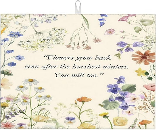 Inspirational Flower Language Dish Drying Mat 18x24 Inch, Microfiber Absorbent Fast Dry Mat Daisy Floral Large Dish Mat Drying Kitchen Mat, Kitchen Drying Pad for Kitchen Counter Decor