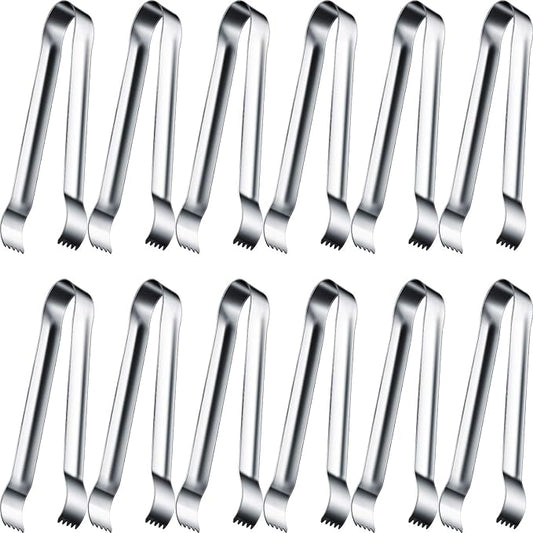 Gejoy 12 Pieces Sugar Ice Tongs Stainless Steel Mini Serving Appetizers Small Kitchen Tongs for Tea Party Coffee Bar Kitchen (Silver Curved Tip)