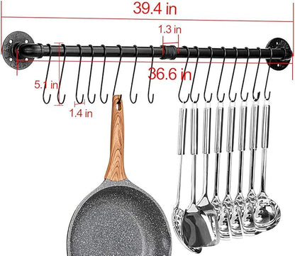Toplife 39.4 inch Pot Rack, Kitchen Wall Mounted Detachable Pan Lid Utensils Organizer Hanging Rail with 16 Hooks, Black - Image 2