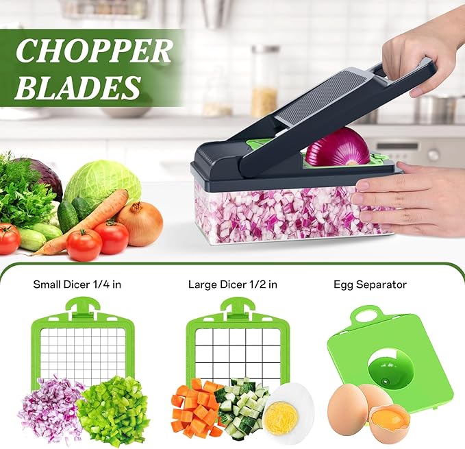 HomeHacks Vegetable Chopper Vegetable Cutter, 12 in 1 Kitchen Gadget, Dicer, Slicer, Onion Cutter, Salad, Cheese Grater & Egg Separator - Multi-Functional Veggie Chopper Lid with Handle (Green) - Image 2