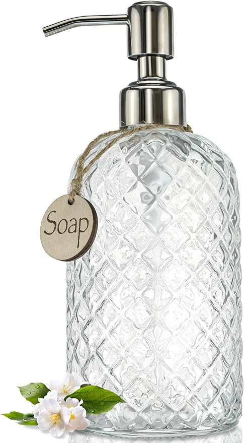 JASAI 18Oz Gem Patterned Clear Glass Soap Dispenser with Rust Proof Pump, Refillable Hand soap Dispenser for Kitchen, Premium Bathroom Soap Dispenser for Dish Soap, Hand soap, Lotion(Clear). by JASAIHOME