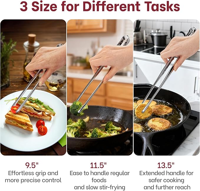 Precision Serrated Non-Slip Tips Cooking Tongs 3 Set (9.5" & 11.5" & 13.5"), 18/8 Stainless Steel Metal Tong, Light but Durable, Easily Control Kitchen Tweezer Tongs for Frying, Plating, BBQ - Image 6