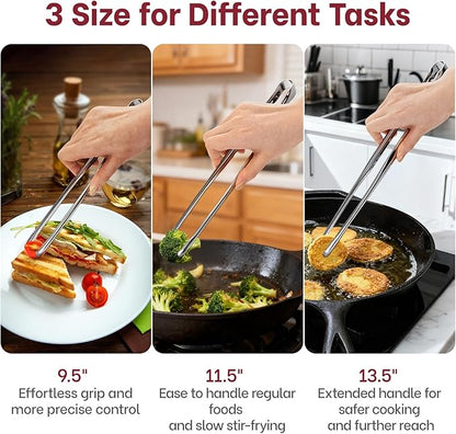 Precision Serrated Non-Slip Tips Cooking Tongs 3 Set (9.5" & 11.5" & 13.5"), 18/8 Stainless Steel Metal Tong, Light but Durable, Easily Control Kitchen Tweezer Tongs for Frying, Plating, BBQ - Image 6