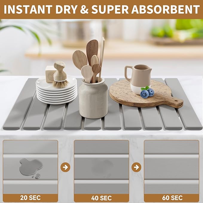 Stone Dish Drying Mats for Kitchen Counter-23.6''x15.3'' Foldable Quick Dry Stone Mat Kitchen,Eco-Friendly,Absorbent Diatomaceous Earth Mats for Dishes Bottles Cups Bathroom Any Countertop-Light Gray - Image 3
