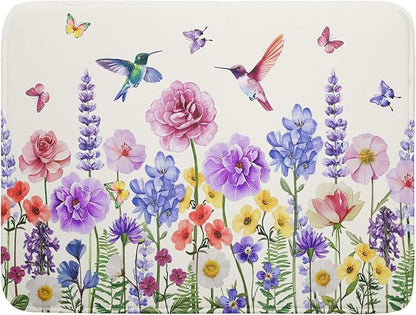 Giwawa Hummingbird Flower Dish Drying Mat 18x24 inch Watercolor Spring Herb Floral Dish Drainer Mats Wildflower Plant Reversible Microfiber Dish Drying Pad for Kitchen Countertop Large Decor