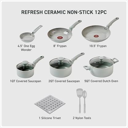 T-Fal Refresh Ceramic Nonstick Cookware Set, 12-Piece Ceramic Pots and Pans Set, Includes Stockpot, Griddle, Frying Pans, Utensils, Moon Grey - Image 2