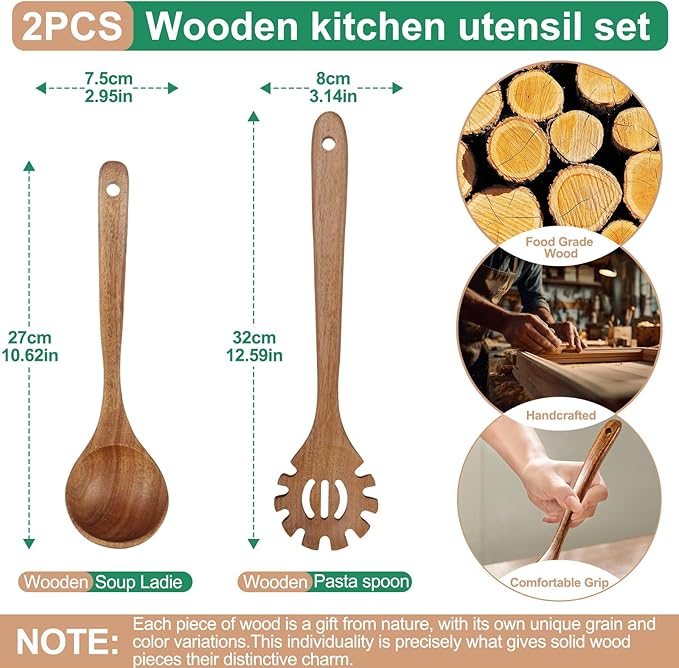 Wooden Ladles for Cooking, 2-Piece Soup Ladle & Pasta Spoon Set, Natural Teak Wood Soup Ladle and Slotted Spaghetti Spoon for Cooking, Serving and Stirring - Image 2