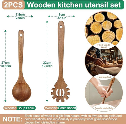 Wooden Ladles for Cooking, 2-Piece Soup Ladle & Pasta Spoon Set, Natural Teak Wood Soup Ladle and Slotted Spaghetti Spoon for Cooking, Serving and Stirring - Image 2