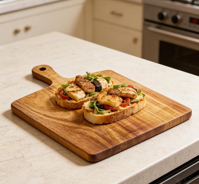 ZeQi Acacia Wood Cutting Board with Handle (15"L x 11"W), Wooden Cutting Boards, Chopping Board, Charcuterie Board, Serving board for Cheese, Bread, Pizza, Vegetables & Fruits - Image 2