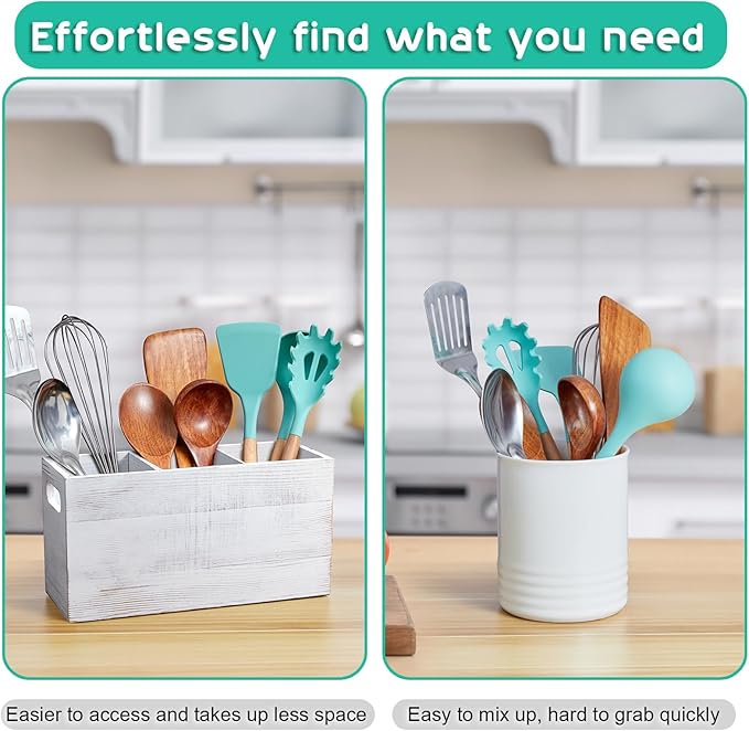 ALELION Rustic White Utensil Holder with Removable Divider - 3 Compartment Wooden Utensil Caddy Organizer for Kitchen Counter - Cooking Utensil Crock for Countertop - Image 4