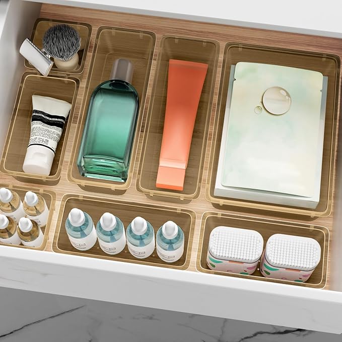 ElegantArray 12 PCS Drawer Organizer Set, 4 Sizes Tool Storage Trays, Clear Plastic Makeup Vanity Organizer and Storage Bins for Stationeries, Multiple Gadgets for Office, Bedroom, Champagne - Image 8