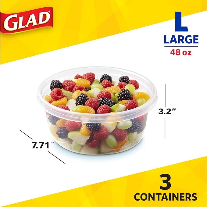 Glad GladWare Big Bowl Food Storage Containers with Lids, Large Round No BPA Plastic Containers for Soups, Salads, and Meal Prep, Lock Tight Seal, Microwave Dishwasher Safe, 48 Oz, 3 Count - 6 Pack - Image 6