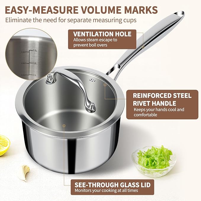 EWFEN 3 Ply Stainless Steel Sauce Pan Set with Lids, 1 & 2 Quart Multipurpose Cooking Pot, Stay-Cool Handle, Induction Oven Dishwasher Safe, 1QT & 2QT - Image 6