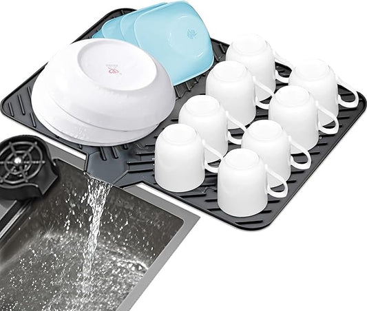 Luxet Silicone Dish Drying Mat with Built-in Drain Lip - Hygienic Drying Pad - Sturdy Compact Easy to Clean Tray Protects Surfaces Prevents Water Build Up - 23 X 17 (Black) by Luxet