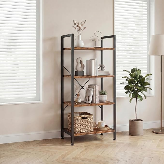 DUMOS 4 Tiers Bookshelf, Classical Book Shelf, Tall Display Shelves in Living Room/Home/Office, Storage Organizer for CDs/Books/Movies, Brown - Image 2