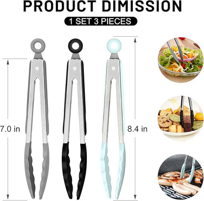 Hotec Mini Silicone Kitchen Tongs for Cooking - 7-Inch Small Serving Tongs with Silicone Tips, Set of 3 (Black,Grey,Light Blue) - Image 2
