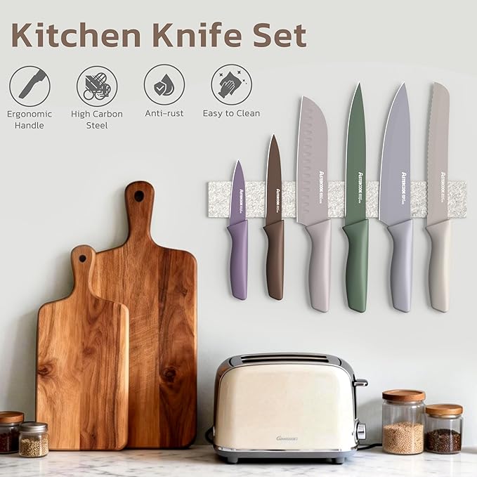 Astercook Knife Set, 13 Pieces Kitchen Knives Set with Healthy Anti-Rust Coating, Dishwasher Safe, Stainless Steel Chef Knife Sets with 6 Blade Guards, Perfect Mothers Day Gifts for Kitchen Morandi - Image 4