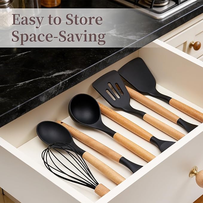 Silicone 10 Pcs Kitchen Cooking Utensils Set, Recycled Materials Certification, BPA Free Spatula Set with Heat Resistant Wood Handles for Nonstick Cookware, Black - Image 6