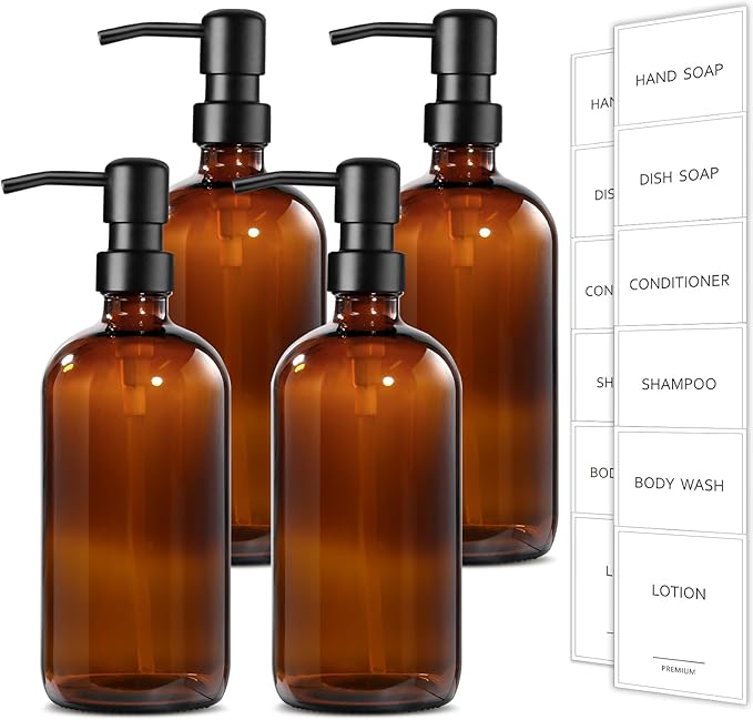 GMISUN Amber Glass Soap Dispenser, 4 Pack Bathroom Hand Soap Dispensers with Stainless Steel Pump, 17 Fl Oz Kitchen Hand and Dish Soap Dispenser Set, Modern Vintage Liquid Brown Soap Dispensers Bottle by GMISUN
