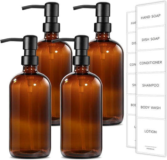 GMISUN Amber Glass Soap Dispenser, 4 Pack Bathroom Hand Soap Dispensers with Stainless Steel Pump, 17 Fl Oz Kitchen Hand and Dish Soap Dispenser Set, Modern Vintage Liquid Brown Soap Dispensers Bottle by GMISUN