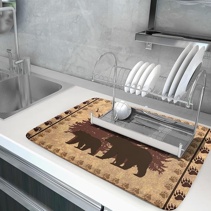 Giwawa 18"x24" Brown Bear Dish Drying Mat Rustic Forest Wildlife Woodland Dish Drainer Mats for Kitchen Countertop Farmhouse Animal Paw Print Fast Dry Microfiber Dish Drying Pad Decoration